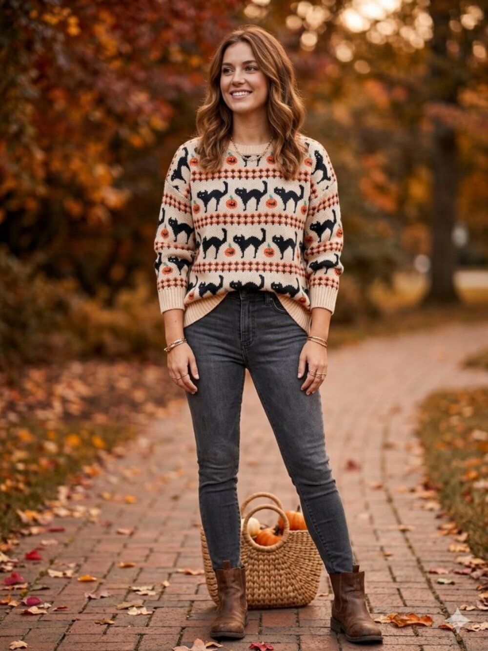 Halloween Sweater XL Black Cat Pumpkin Jack O Lantern Cream Knit Pullover